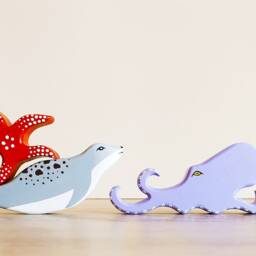 Wooden Sea Animal Toy Set - 10Pcs Handmade Beechwood Waldorf Toys - thumbnail 3