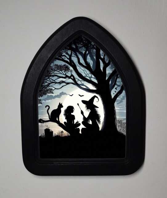 Halloween Black Gothic Arch Wooden Framed Picture, , Print, Witchy Wall Hanging, Witch, Girl & Cat By Tree - image 1