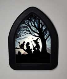 Halloween Black Gothic Arch Wooden Framed Picture, , Print, Witchy Wall Hanging, Witch, Girl & Cat By Tree - thumbnail 1