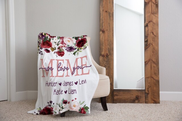 Christmas Blanket, Gift, Burgundy Floral Style Personalized Mom Gift For Grandparent, Birthday Mom - image 1