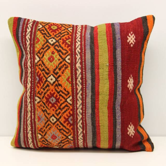 Vintage Kilim Pillow Cover 16x16, Turkish Boho Cushion - image 1