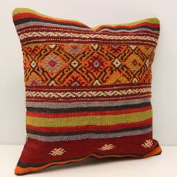 Vintage Kilim Pillow Cover 16x16, Turkish Boho Cushion - thumbnail 2