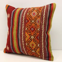 Vintage Kilim Pillow Cover 16x16, Turkish Boho Cushion - thumbnail 3