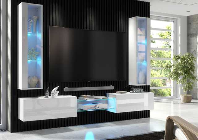 Furneo Floating Tv Unit White High Gloss Matt Living Room Set Display Cabinets Art 01/02 Led Lights - image 1