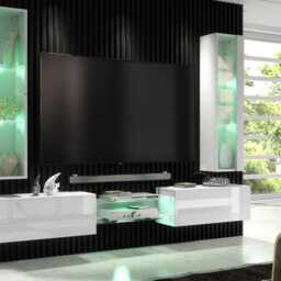 Furneo Floating Tv Unit White High Gloss Matt Living Room Set Display Cabinets Art 01/02 Led Lights - thumbnail 3