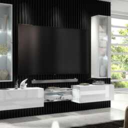 Furneo Floating Tv Unit White High Gloss Matt Living Room Set Display Cabinets Art 01/02 Led Lights - thumbnail 2