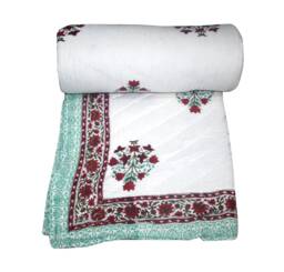 Kantha Throw Cotton Kantha, Indian Bedspread Blanket Throw, Hand Block Print Kantha Quilt, King Size Quilt 108x108 - thumbnail 1