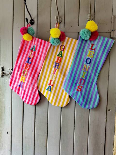 Personalised Striped Christmas Stocking With Pom Poms, Custom Monogrammed Decor - image 1