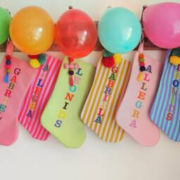 Personalised Striped Christmas Stocking With Pom Poms, Custom Monogrammed Decor - thumbnail 2