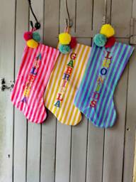 Personalised Striped Christmas Stocking With Pom Poms, Custom Monogrammed Decor - thumbnail 1