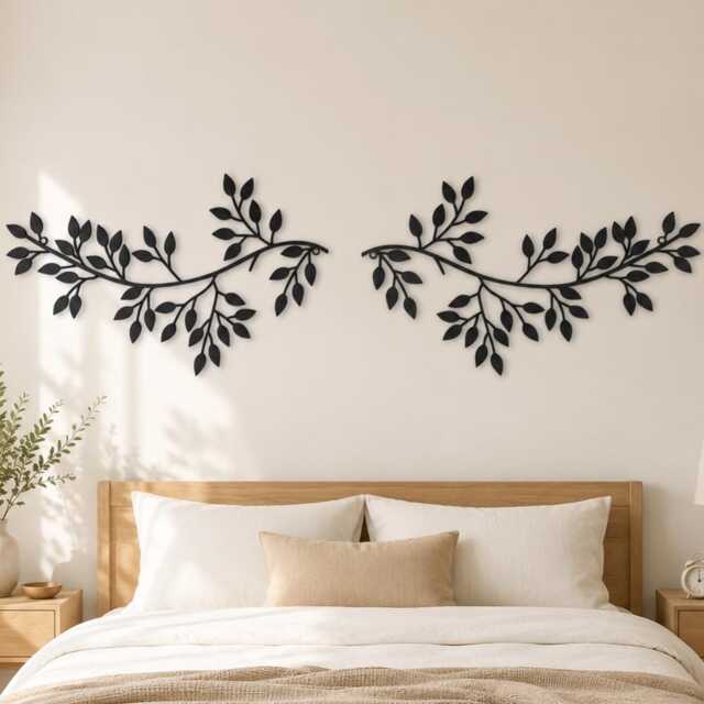 Set Of 2 Leaf Branch Metal Wall Art, Symmetrical Botanical Hanging, Minimalist Nature-Inspired Decor For Bedroom Living Room Entryway - image 1