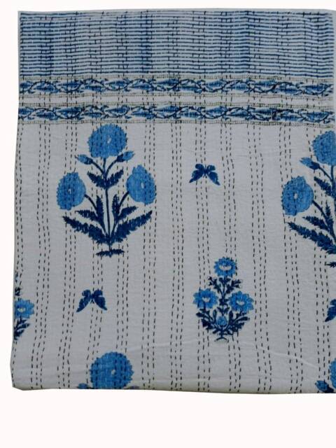 Decorative Indian Blanket Blue Floral New Handmade Bird Print Kantha Quilt Gudri Size Multi
