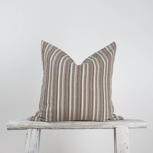 striped Farmhouse Pillow Cover - Pink, Salmon & Gray Cotton, Bamboo Reverse - image 1
