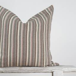 striped Farmhouse Pillow Cover - Pink, Salmon & Gray Cotton, Bamboo Reverse - thumbnail 2