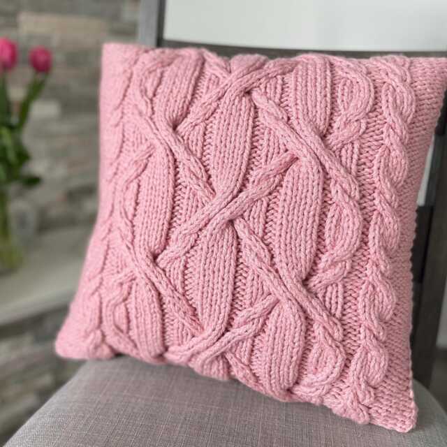 Hand Knit Cable Pillow Cover Soft Rose Accent With Buttons - image 1