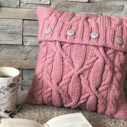 Hand Knit Cable Pillow Cover Soft Rose Accent With Buttons - thumbnail 4