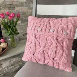 Hand Knit Cable Pillow Cover Soft Rose Accent With Buttons - thumbnail 2