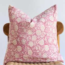 Block Print Pillow Cover Pink Floral Batik, Indian Textile - 20x20 - thumbnail 2