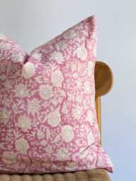 Block Print Pillow Cover Pink Floral Batik, Indian Textile - 20x20 - thumbnail 1