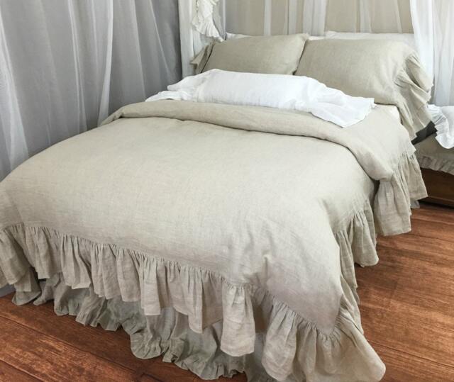 Natural Linen Duvet Cover With Mermaid Long Ruffle, Linen Ruffle Bedding, Shabby Chic Bedding - image 1