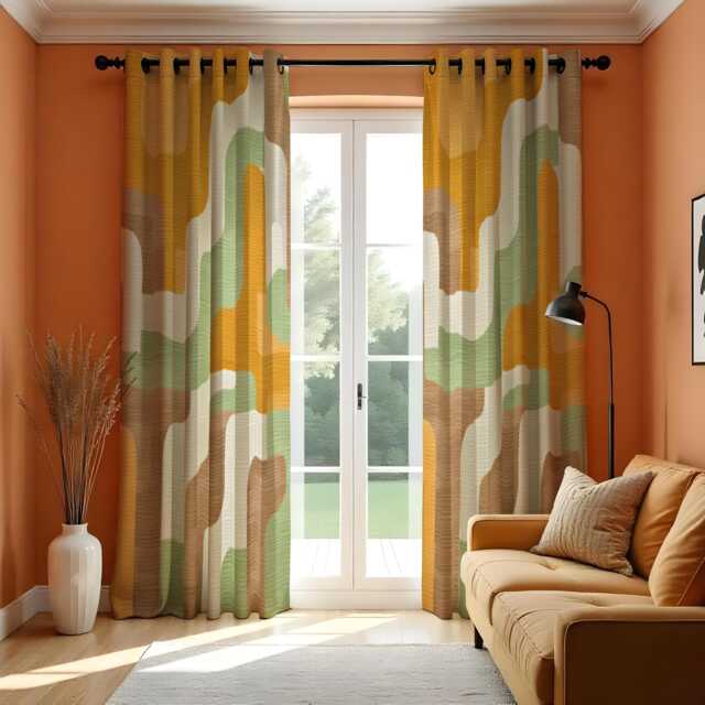 Retro Wave Curtains, Mid Century Modern Green Yellow Drapes, Abstract Geometric Pattern Window Panels, Farmhouse Style Living Room Decor - image 1