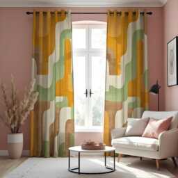 Retro Wave Curtains, Mid Century Modern Green Yellow Drapes, Abstract Geometric Pattern Window Panels, Farmhouse Style Living Room Decor - thumbnail 3