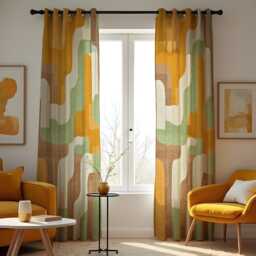 Retro Wave Curtains, Mid Century Modern Green Yellow Drapes, Abstract Geometric Pattern Window Panels, Farmhouse Style Living Room Decor - thumbnail 2