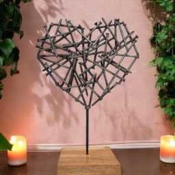 Unique Brushed Steel Nail Heart Sculpture - Handmade Metal Art On Irish Oak Base - thumbnail 2