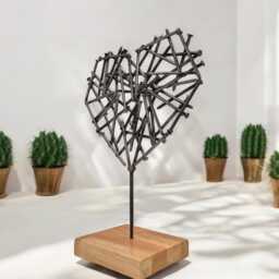 Unique Brushed Steel Nail Heart Sculpture - Handmade Metal Art On Irish Oak Base - thumbnail 4