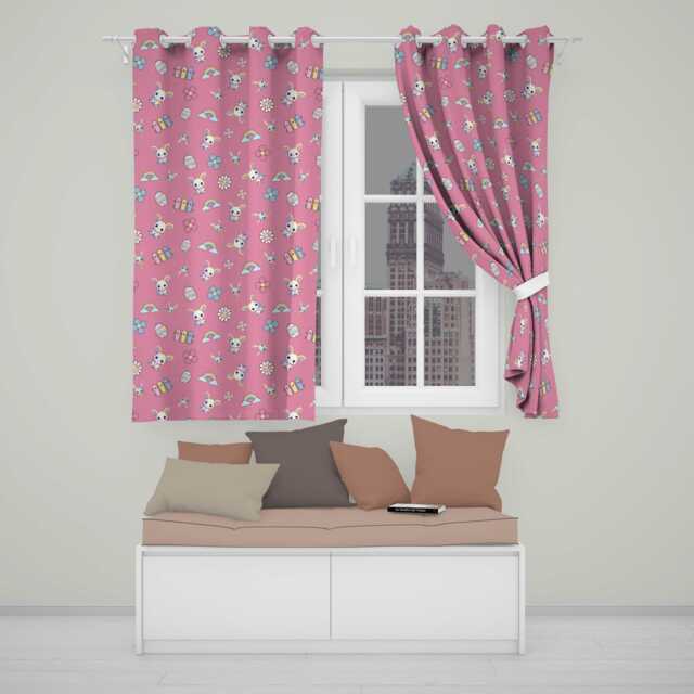 Cute Rainbow Bunny Flower Egg Pastel Kawaii Pink Background Seamless Pattern Readymade Eyelet Ring Top Thermal 100% Blackout Curtains - image 1
