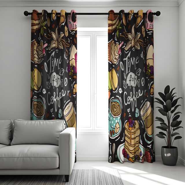 Coffee Lover Curtains, Fun Cafe Print Drapes With Sweets & Treats, Quirky Kitchen Or Bar Window Panels, Time For Curtains - image 1