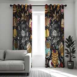 Coffee Lover Curtains, Fun Cafe Print Drapes With Sweets & Treats, Quirky Kitchen Or Bar Window Panels, Time For Curtains