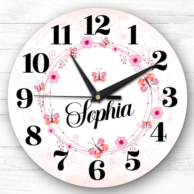 Pink Butterflies Floral Girls Room Custom Gift Personalised Clock - image 1