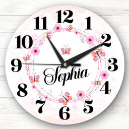 Pink Butterflies Floral Girls Room Custom Gift Personalised Clock - thumbnail 1