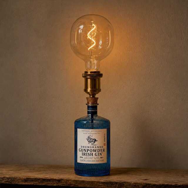 Gunpowder Blue Gin Bottle Lamp, Upcycled Table Light, Quirky Home Bar Decor, Lover Gift, Mood Lighting - image 1