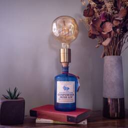 Gunpowder Blue Gin Bottle Lamp, Upcycled Table Light, Quirky Home Bar Decor, Lover Gift, Mood Lighting - thumbnail 3