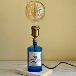 Gunpowder Blue Gin Bottle Lamp, Upcycled Table Light, Quirky Home Bar Decor, Lover Gift, Mood Lighting - thumbnail 2