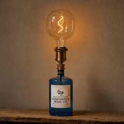 Gunpowder Blue Gin Bottle Lamp, Upcycled Table Light, Quirky Home Bar Decor, Lover Gift, Mood Lighting - thumbnail 1
