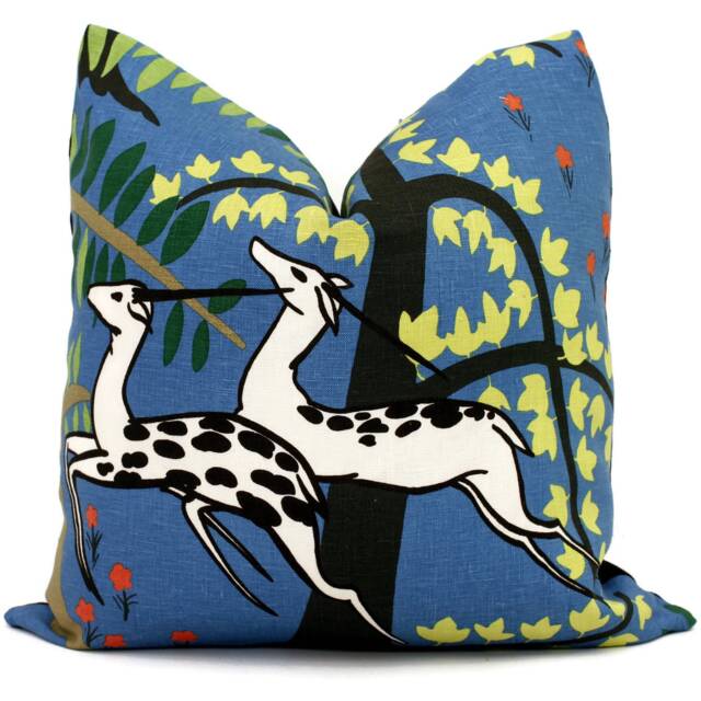Blue Linen Antelope Pillow Cover Schumacher Paul Poiret Design