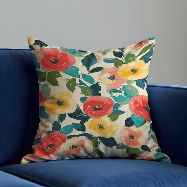 Floral Cushion Cover, Red & Yellow Poppy Flowers Pillow Case, Green Leaves Botanical Throw Living Room & Bedroom Decor - image 1