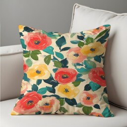 Floral Cushion Cover, Red & Yellow Poppy Flowers Pillow Case, Green Leaves Botanical Throw Living Room & Bedroom Decor - thumbnail 4