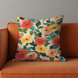 Floral Cushion Cover, Red & Yellow Poppy Flowers Pillow Case, Green Leaves Botanical Throw Living Room & Bedroom Decor - thumbnail 2