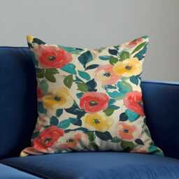 Floral Cushion Cover, Red & Yellow Poppy Flowers Pillow Case, Green Leaves Botanical Throw Living Room & Bedroom Decor - thumbnail 1