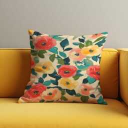 Floral Cushion Cover, Red & Yellow Poppy Flowers Pillow Case, Green Leaves Botanical Throw Living Room & Bedroom Decor - thumbnail 3