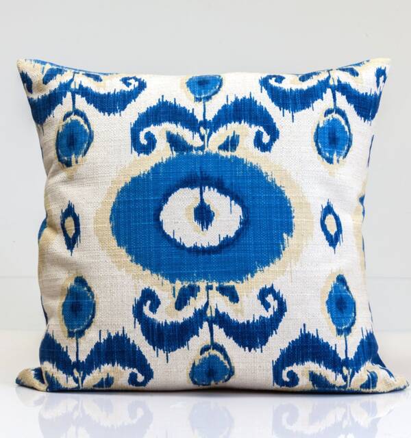 Blue Floral Ikat Pillow Cover, Linen Blend Throw - image 1