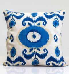 Blue Floral Ikat Pillow Cover, Linen Blend Throw - thumbnail 1