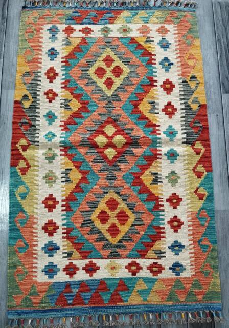 Multicolour Kilim Rug, Handmade Artisan Afghan Turkish Aztec Geometric Wool Rug 125x79 cm - image 1