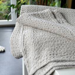 Undyed Linen Waffle Textured Large Rustic Bed Throw, Summer Blanket, Prewashed Thick Wide Bed Throw, Beach Undyed Fabric - thumbnail 3