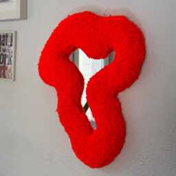 Abstract Orange Neon Tufted Wall Mirror - Handmade Fluffy Fiber Art Bold Funky Sculptural Decor - thumbnail 3