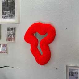 Abstract Orange Neon Tufted Wall Mirror - Handmade Fluffy Fiber Art Bold Funky Sculptural Decor - thumbnail 2